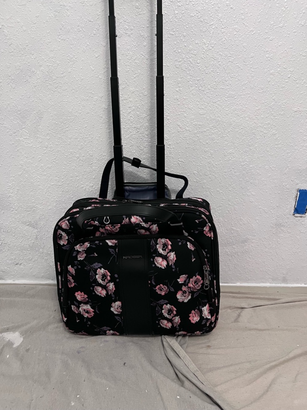 Black Floral Rolling Carry-On Bag with Pink Flower Print